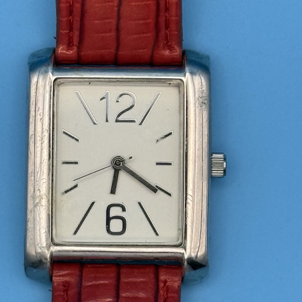 White Dial Silver Tone Rectangle Case Red Faux Leather Band Watch